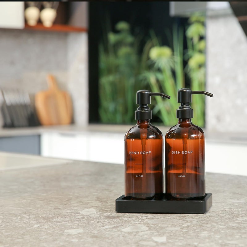 Prus Waso Amber Soap Dispenser Set, Soap Dispenser for Kitchen Sink with Black Stainless Steel Pump, Perfect for Kitchen Accessories Decor. (Amber) - Image 3